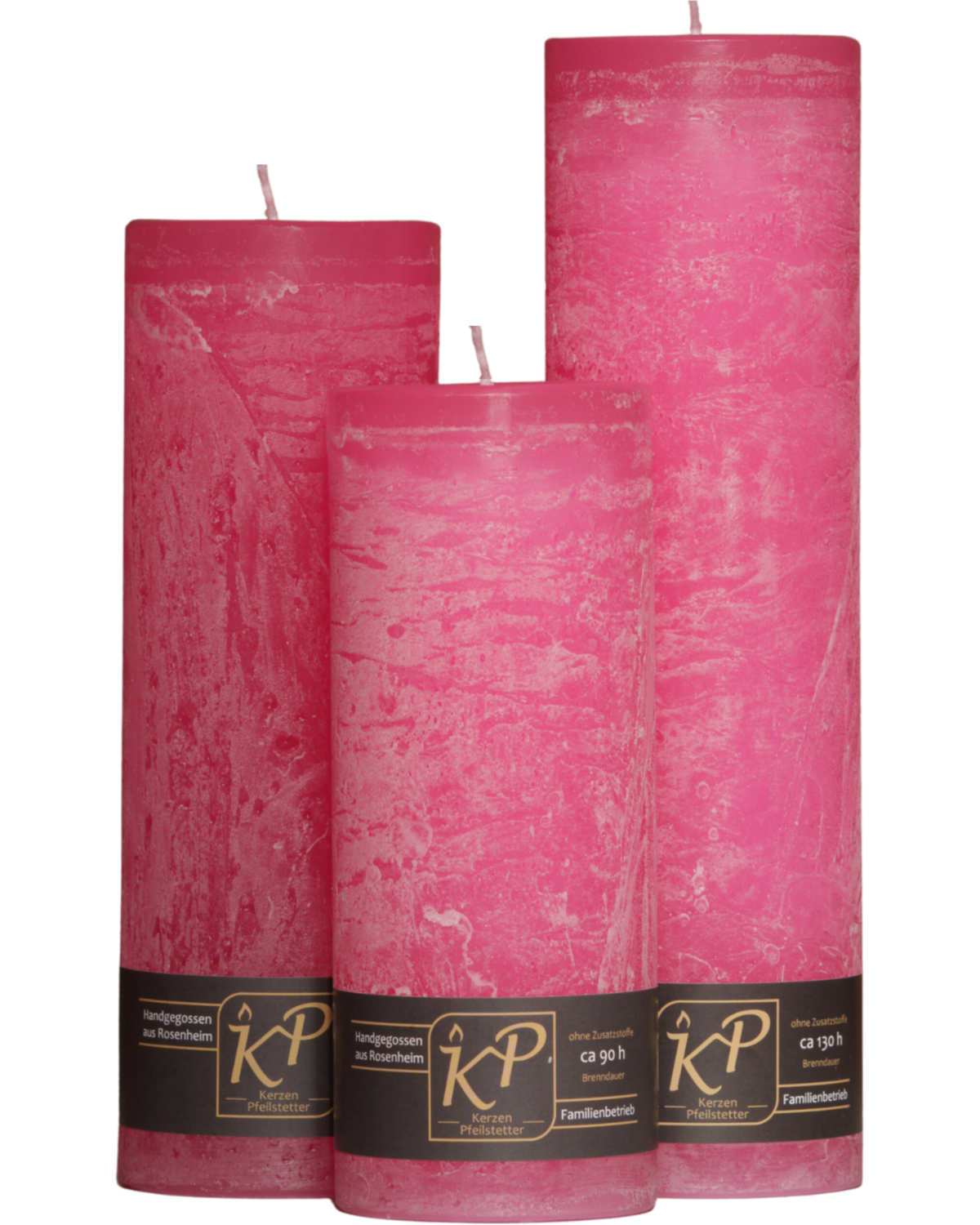 Drei Blütenkerzen in pink nebeneinander – in den Größen Klein, Mittel und Groß.