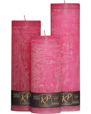 Drei Blütenkerzen in pink nebeneinander – in den Größen Klein, Mittel und Groß.
