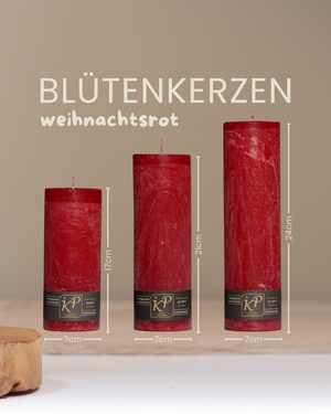 Blütenkerzen in weihnachtsrot in drei Größen mit Angaben zu Höhe und Durchmesser.