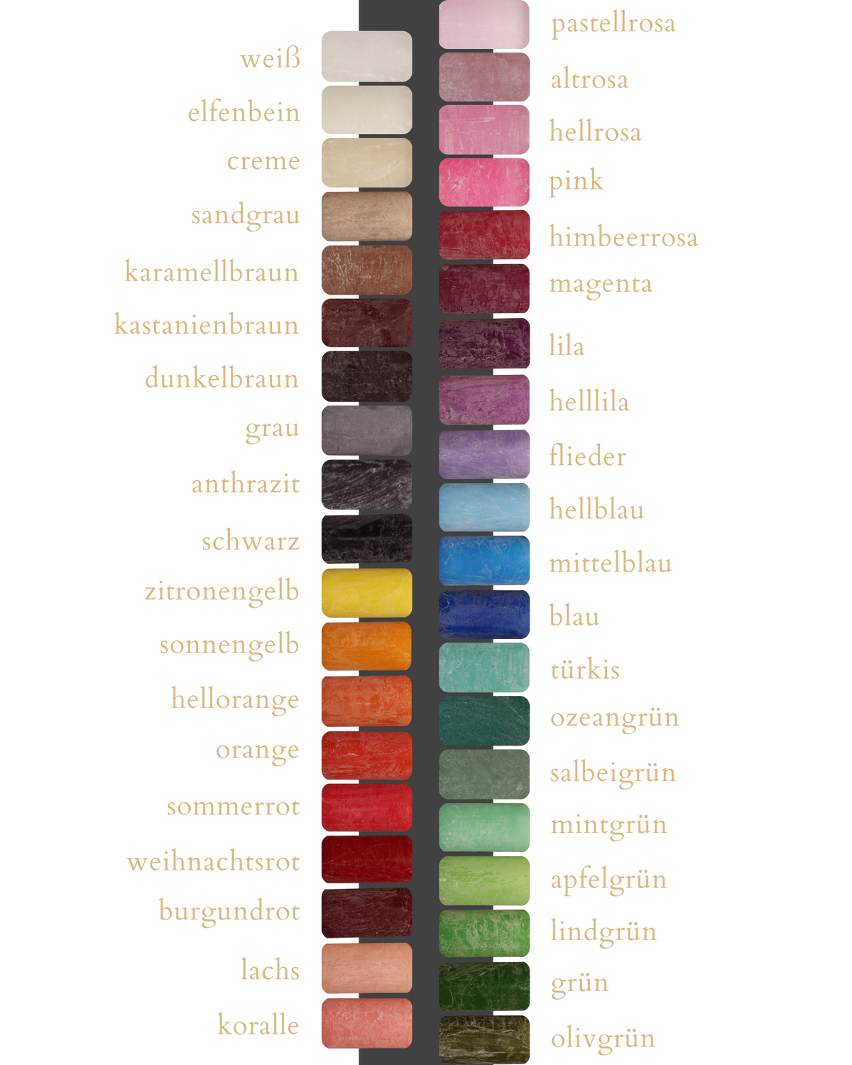 Farbpalette mit 39 verschiedenen Farben handgegossener Kerzen.