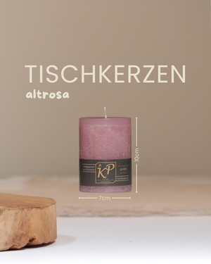 Tischkerze in altrosa mit Angaben zu Höhe und Durchmesser.