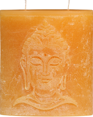 Zweidochtkerze mit Buddha-Motiv in sonnengelb.